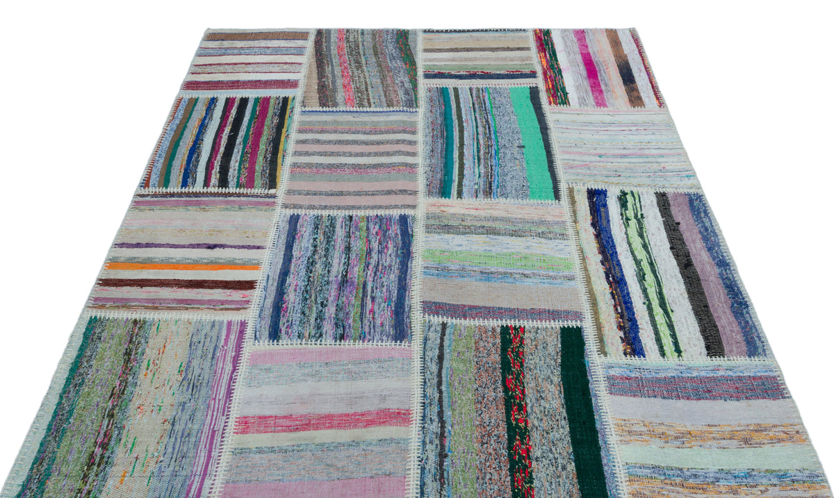 Striped Over Dyed Kilim Patchwork Unique Rug 5&#39;2&#39;&#39; x 7&#39;3&#39;&#39; ft 157 x 220 cm