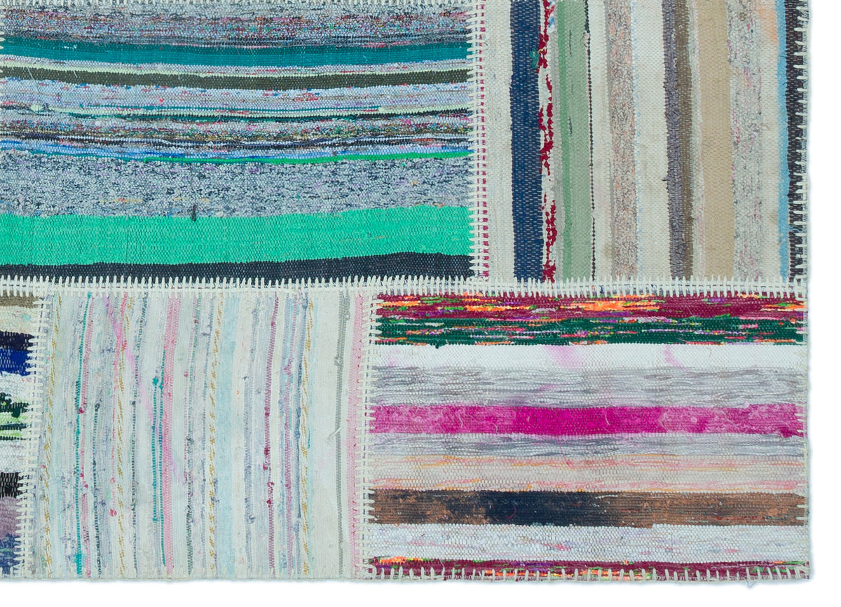 Striped Over Dyed Kilim Patchwork Unique Rug 5&#39;2&#39;&#39; x 7&#39;3&#39;&#39; ft 157 x 220 cm