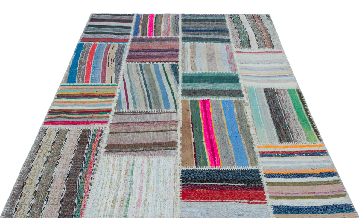 Striped Over Dyed Kilim Patchwork Unique Rug 5&#39;3&#39;&#39; x 7&#39;3&#39;&#39; ft 160 x 221 cm