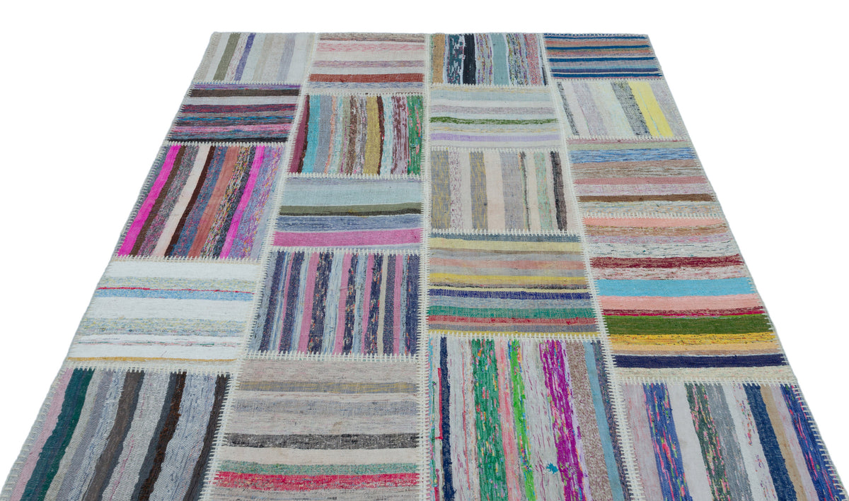 Striped Over Dyed Kilim Patchwork Unique Rug 5&#39;3&#39;&#39; x 7&#39;3&#39;&#39; ft 160 x 222 cm