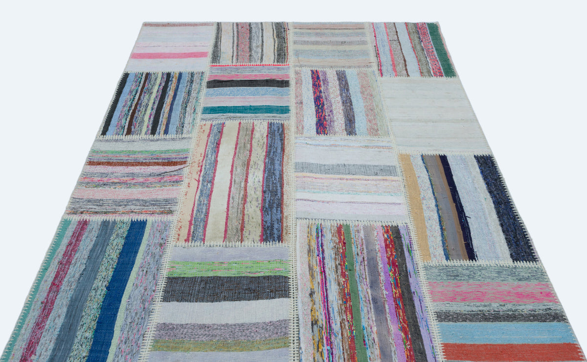 Striped Over Dyed Kilim Patchwork Unique Rug 5&#39;2&#39;&#39; x 7&#39;4&#39;&#39; ft 158 x 223 cm