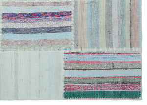 Striped Over Dyed Kilim Patchwork Unique Rug 5'2'' x 7'4'' ft 158 x 223 cm