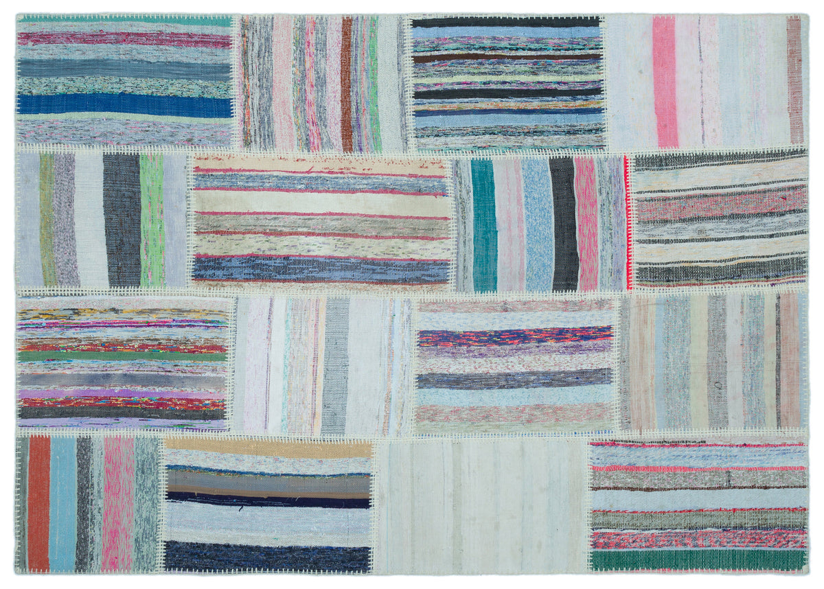 Striped Over Dyed Kilim Patchwork Unique Rug 5&#39;2&#39;&#39; x 7&#39;4&#39;&#39; ft 158 x 223 cm