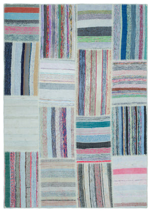 Striped Over Dyed Kilim Patchwork Unique Rug 5'2'' x 7'4'' ft 158 x 223 cm