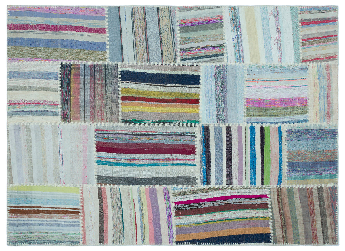 Striped Over Dyed Kilim Patchwork Unique Rug 5&#39;3&#39;&#39; x 7&#39;3&#39;&#39; ft 160 x 220 cm