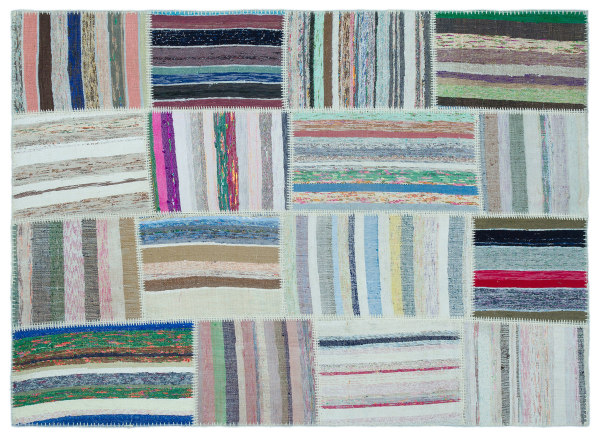 Striped Over Dyed Kilim Patchwork Unique Rug 5&#39;3&#39;&#39; x 7&#39;3&#39;&#39; ft 160 x 222 cm