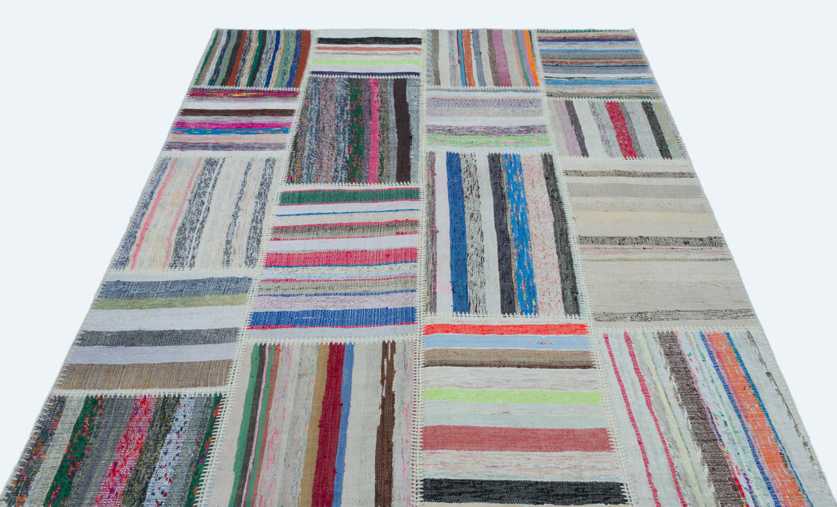 Striped Over Dyed Kilim Patchwork Unique Rug 5&#39;3&#39;&#39; x 7&#39;3&#39;&#39; ft 160 x 221 cm