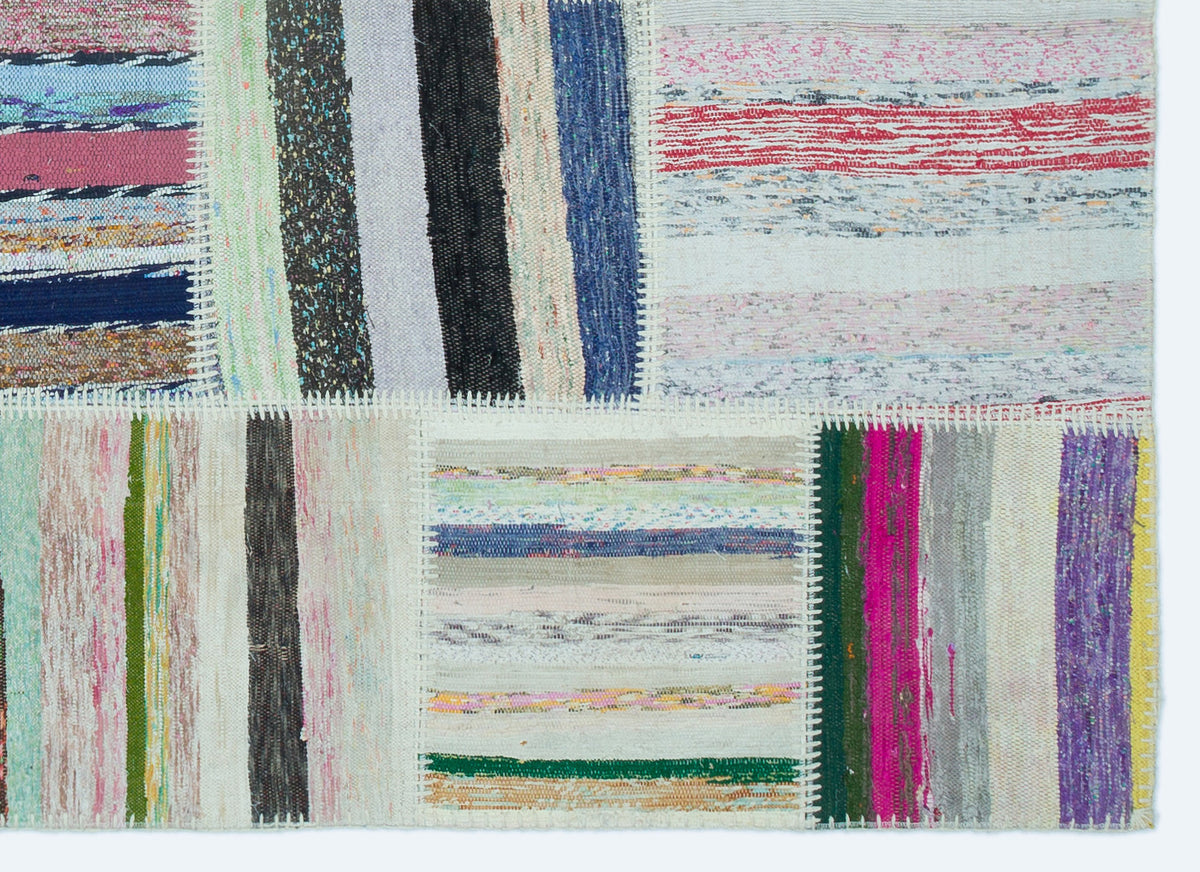 Striped Over Dyed Kilim Patchwork Unique Rug 5&#39;3&#39;&#39; x 7&#39;3&#39;&#39; ft 160 x 222 cm