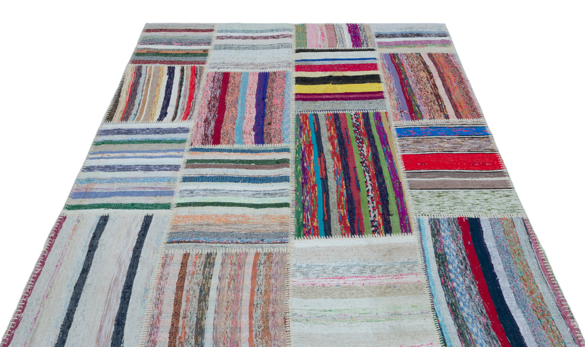 Striped Over Dyed Kilim Patchwork Unique Rug 5&#39;3&#39;&#39; x 7&#39;2&#39;&#39; ft 160 x 218 cm