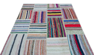 Striped Over Dyed Kilim Patchwork Unique Rug 5'3'' x 7'2'' ft 160 x 218 cm