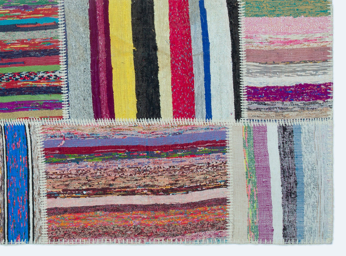 Striped Over Dyed Kilim Patchwork Unique Rug 5&#39;3&#39;&#39; x 7&#39;2&#39;&#39; ft 160 x 218 cm
