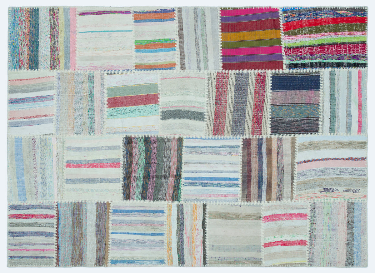 Striped Over Dyed Kilim Patchwork Unique Rug 5&#39;3&#39;&#39; x 7&#39;3&#39;&#39; ft 160 x 221 cm