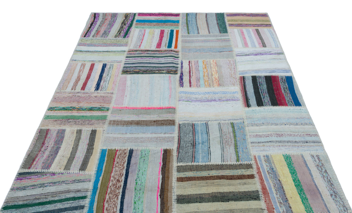 Striped Over Dyed Kilim Patchwork Unique Rug 5&#39;3&#39;&#39; x 7&#39;3&#39;&#39; ft 160 x 222 cm