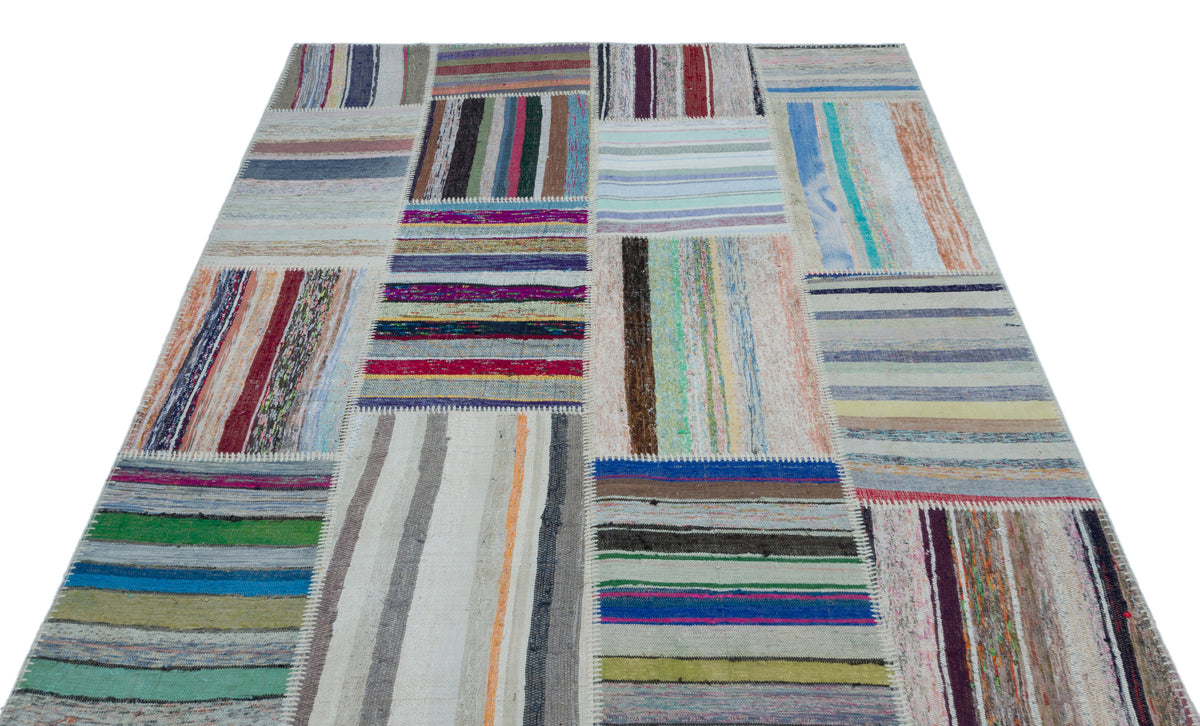 Striped Over Dyed Kilim Patchwork Unique Rug 5&#39;2&#39;&#39; x 7&#39;3&#39;&#39; ft 157 x 220 cm