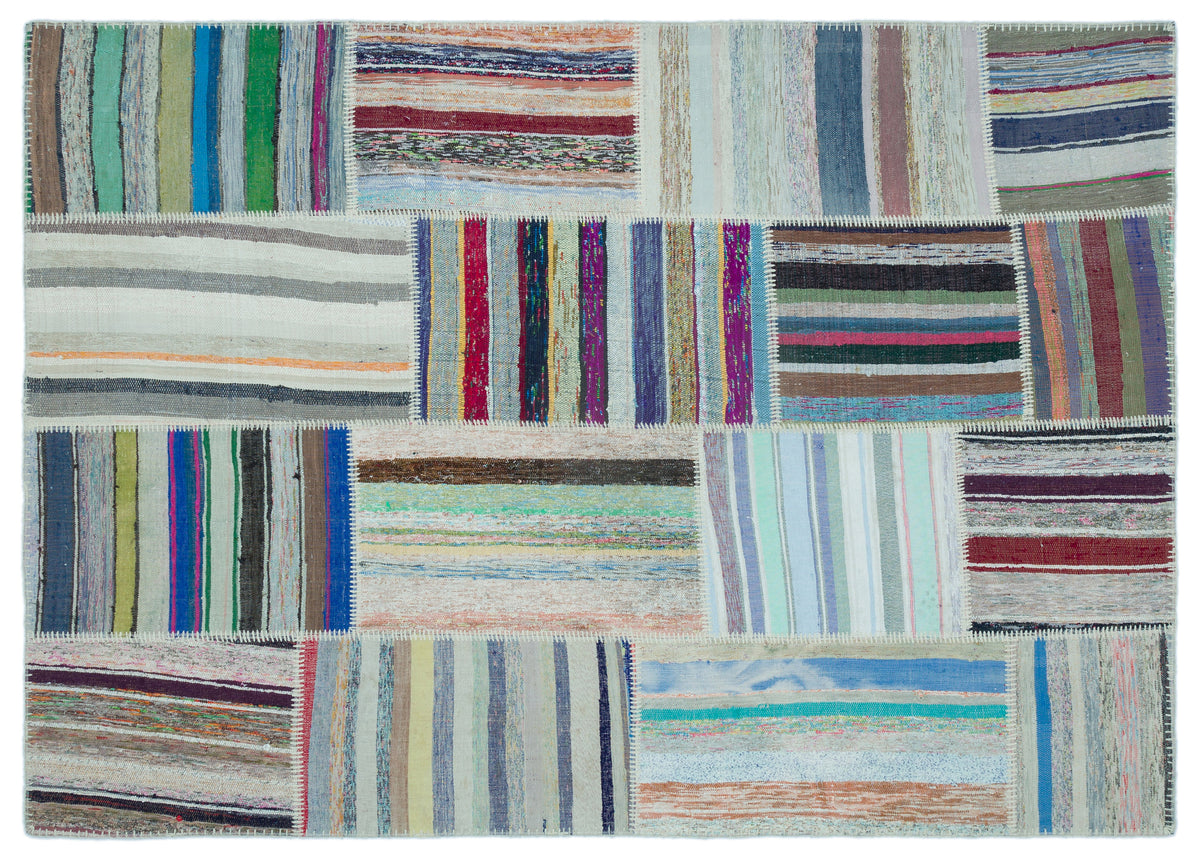 Striped Over Dyed Kilim Patchwork Unique Rug 5&#39;2&#39;&#39; x 7&#39;3&#39;&#39; ft 157 x 220 cm
