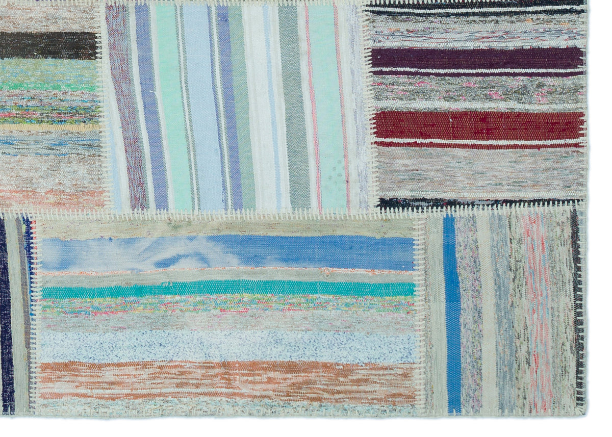 Striped Over Dyed Kilim Patchwork Unique Rug 5&#39;2&#39;&#39; x 7&#39;3&#39;&#39; ft 157 x 220 cm