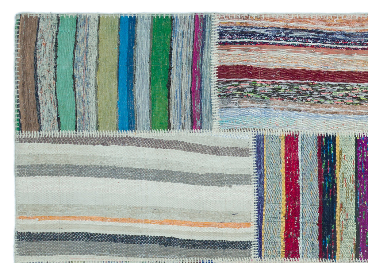 Striped Over Dyed Kilim Patchwork Unique Rug 5&#39;2&#39;&#39; x 7&#39;3&#39;&#39; ft 157 x 220 cm