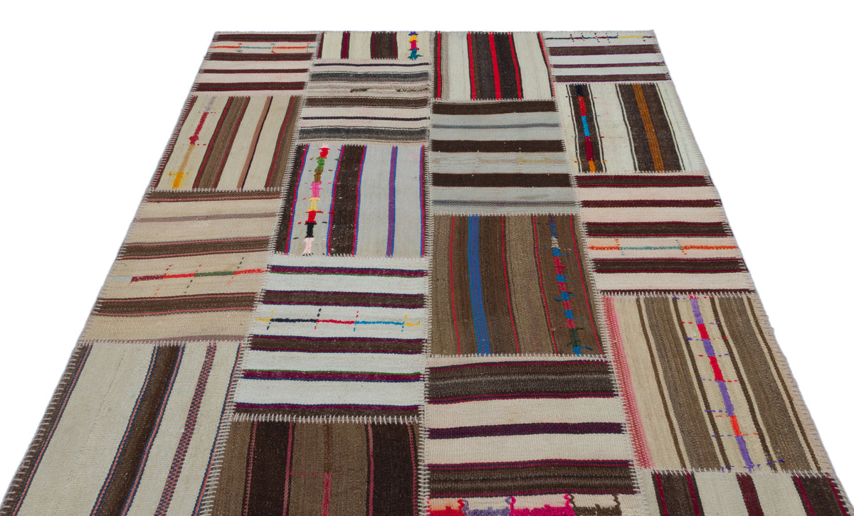 Striped Over Dyed Kilim Patchwork Unique Rug 5&#39;2&#39;&#39; x 7&#39;5&#39;&#39; ft 157 x 225 cm
