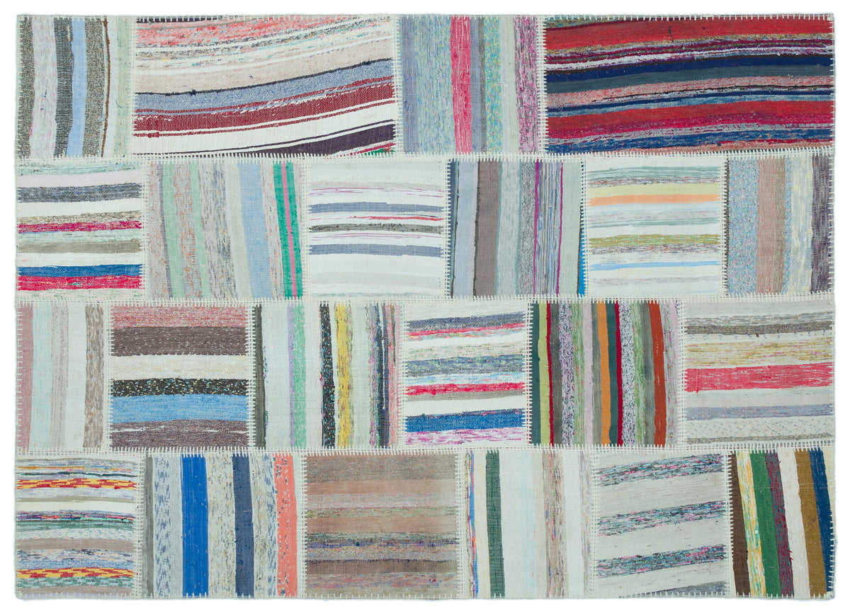 Striped Over Dyed Kilim Patchwork Unique Rug 5&#39;2&#39;&#39; x 7&#39;3&#39;&#39; ft 157 x 220 cm