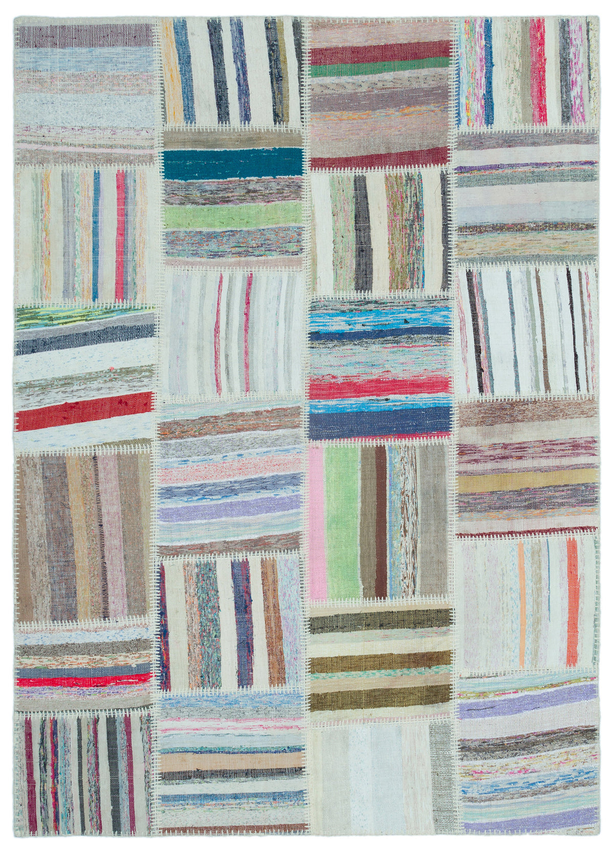 Striped Over Dyed Kilim Patchwork Unique Rug 5&#39;2&#39;&#39; x 7&#39;3&#39;&#39; ft 158 x 222 cm