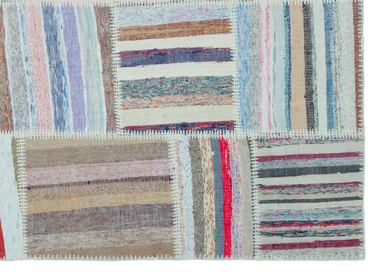 Striped Over Dyed Kilim Patchwork Unique Rug 5&#39;2&#39;&#39; x 7&#39;3&#39;&#39; ft 158 x 222 cm