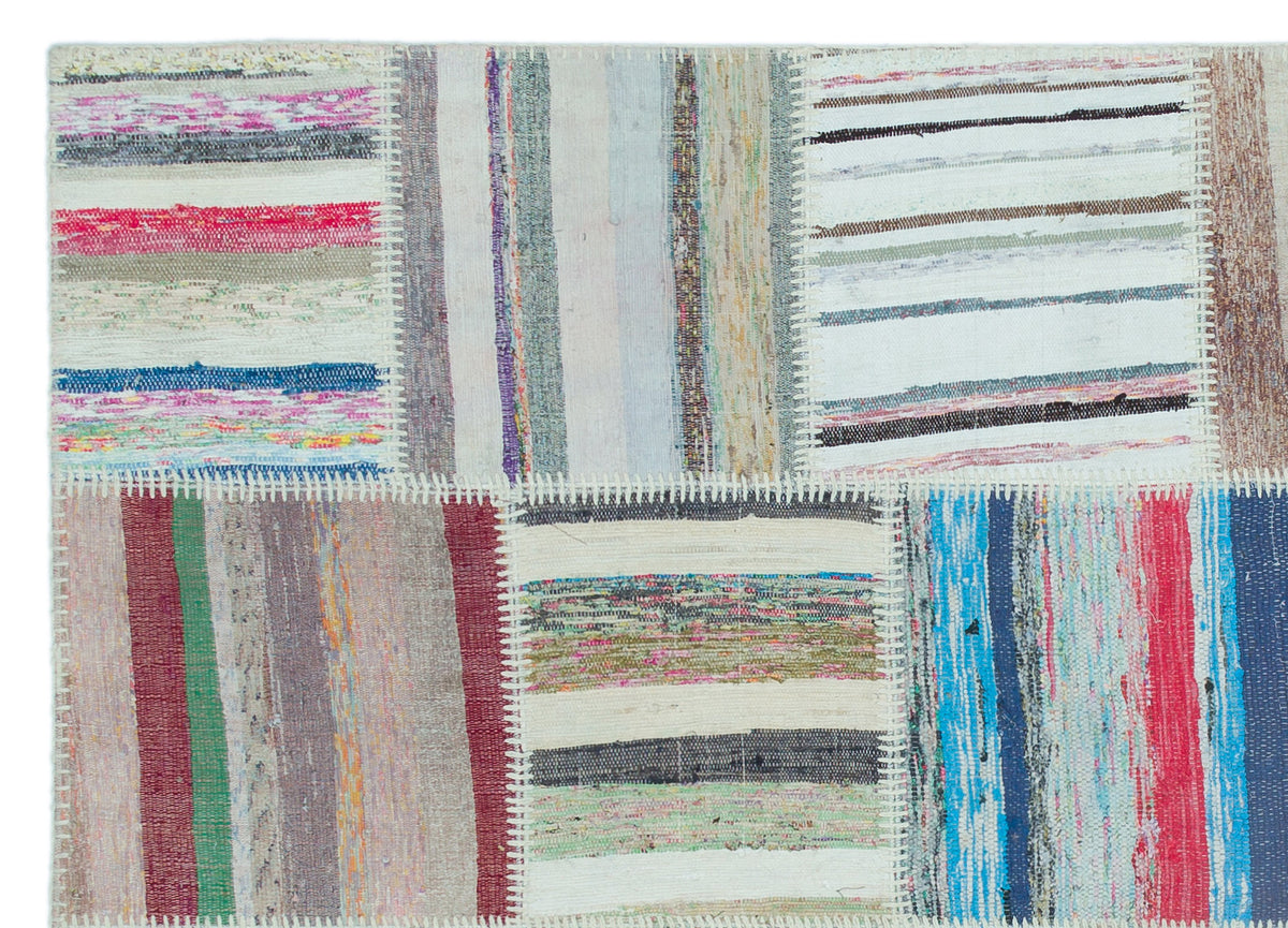 Striped Over Dyed Kilim Patchwork Unique Rug 5&#39;2&#39;&#39; x 7&#39;3&#39;&#39; ft 158 x 222 cm