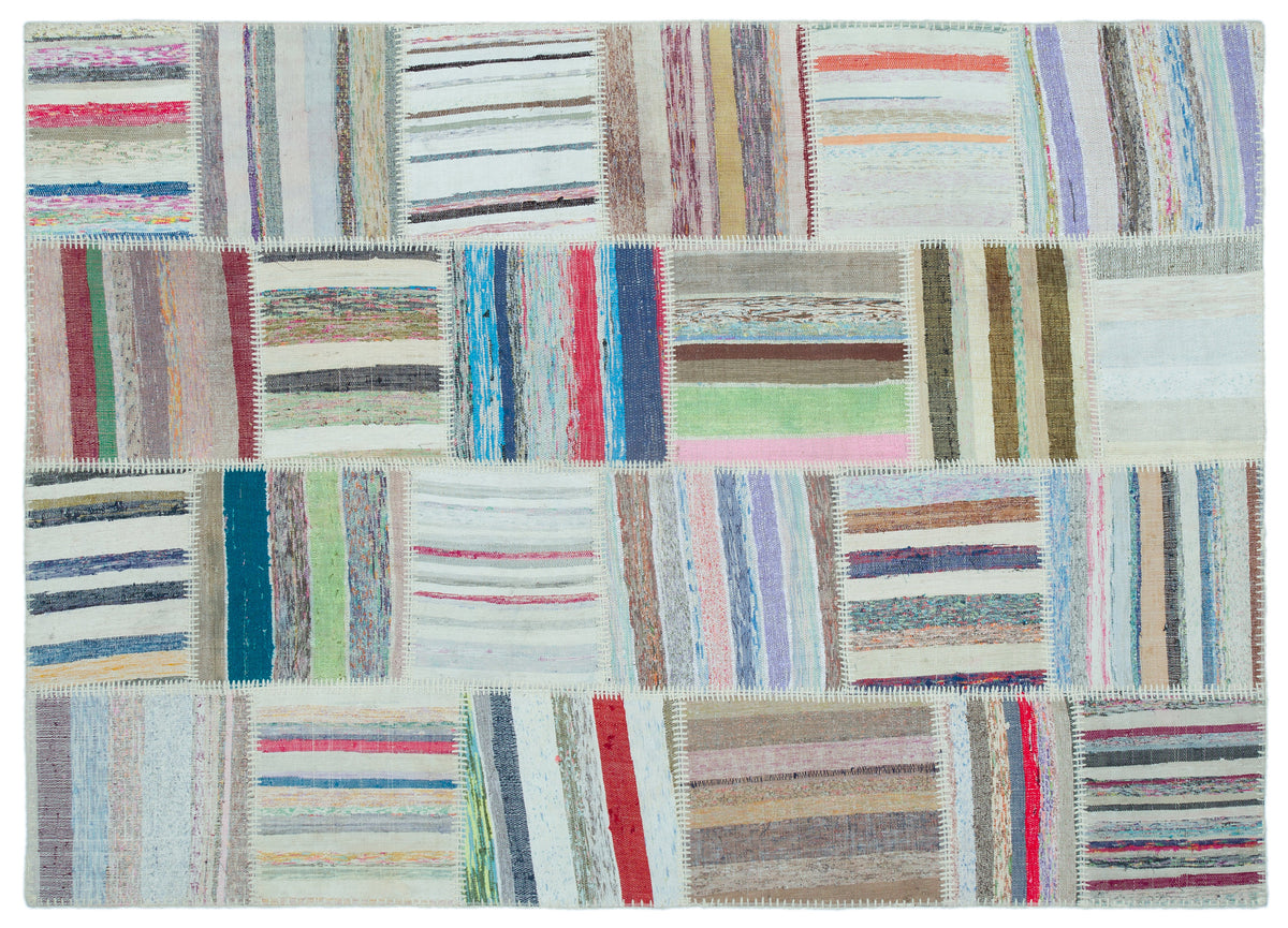 Striped Over Dyed Kilim Patchwork Unique Rug 5&#39;2&#39;&#39; x 7&#39;3&#39;&#39; ft 158 x 222 cm