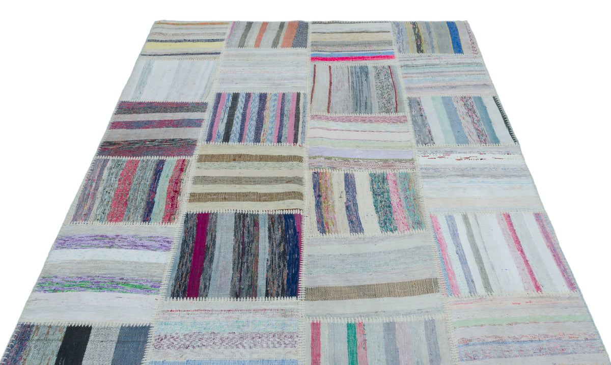 Striped Over Dyed Kilim Patchwork Unique Rug 5&#39;3&#39;&#39; x 7&#39;3&#39;&#39; ft 160 x 222 cm