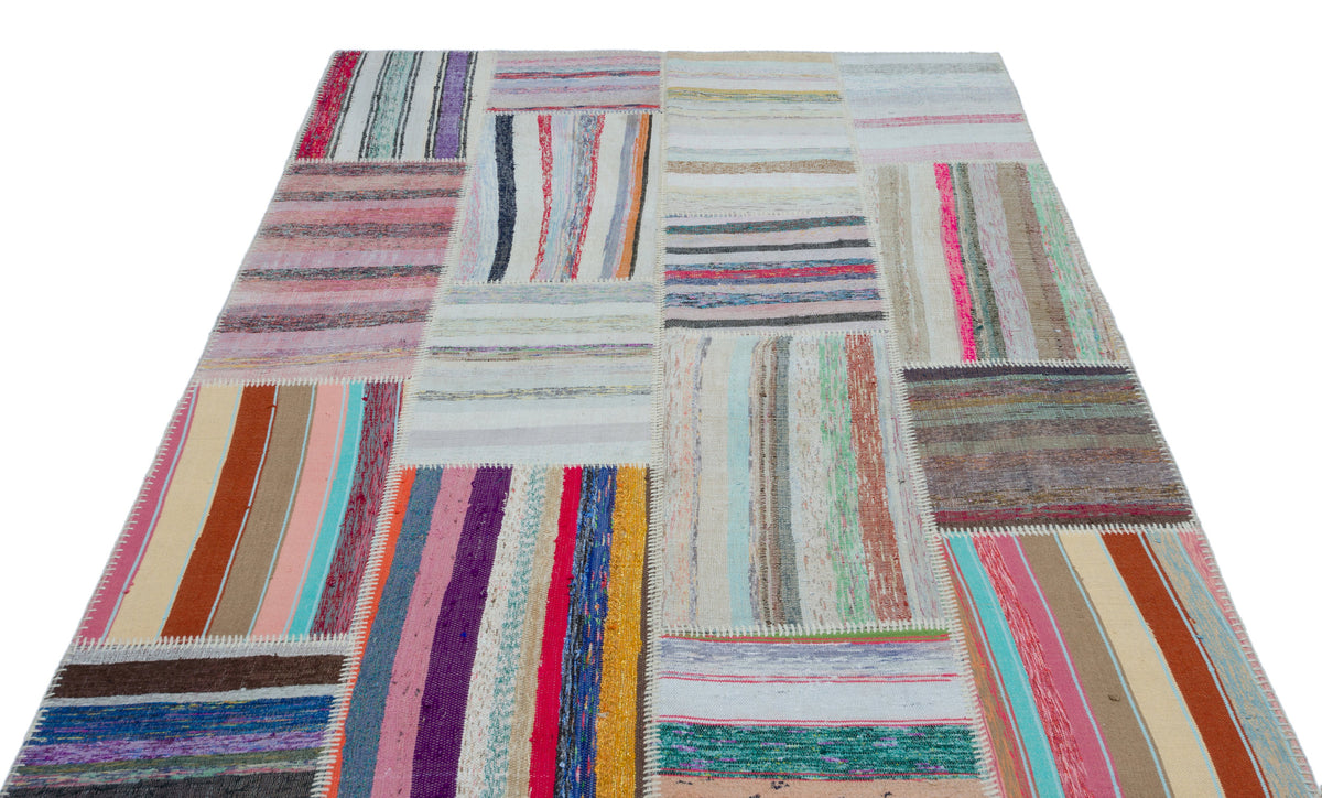 Striped Over Dyed Kilim Patchwork Unique Rug 5&#39;3&#39;&#39; x 7&#39;3&#39;&#39; ft 160 x 222 cm