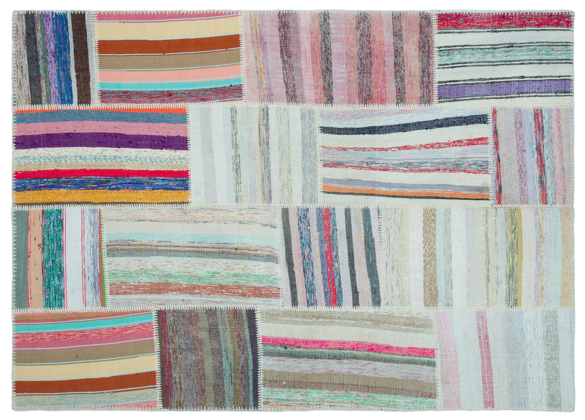 Striped Over Dyed Kilim Patchwork Unique Rug 5&#39;3&#39;&#39; x 7&#39;3&#39;&#39; ft 160 x 222 cm