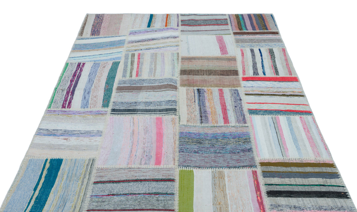 Striped Over Dyed Kilim Patchwork Unique Rug 5&#39;2&#39;&#39; x 7&#39;3&#39;&#39; ft 158 x 222 cm