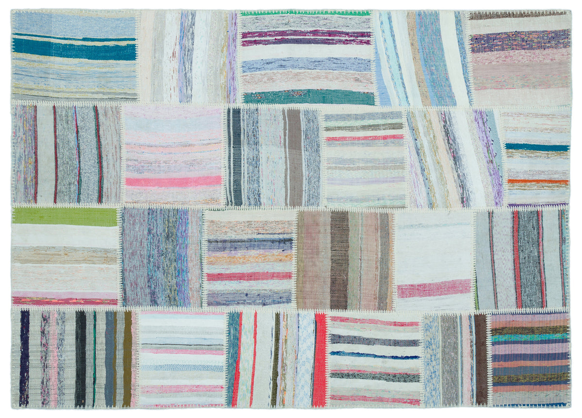 Striped Over Dyed Kilim Patchwork Unique Rug 5&#39;2&#39;&#39; x 7&#39;3&#39;&#39; ft 158 x 222 cm