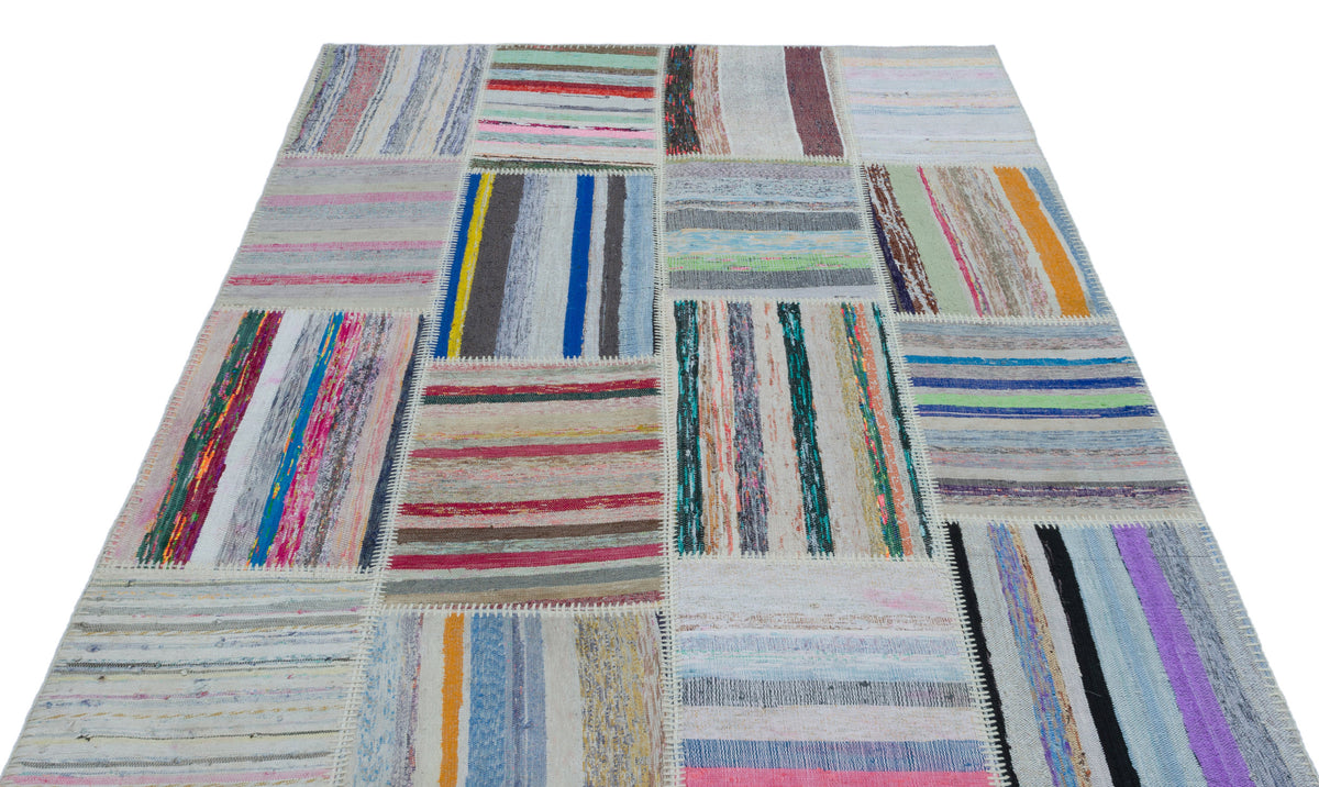 Striped Over Dyed Kilim Patchwork Unique Rug 5&#39;3&#39;&#39; x 7&#39;3&#39;&#39; ft 160 x 220 cm