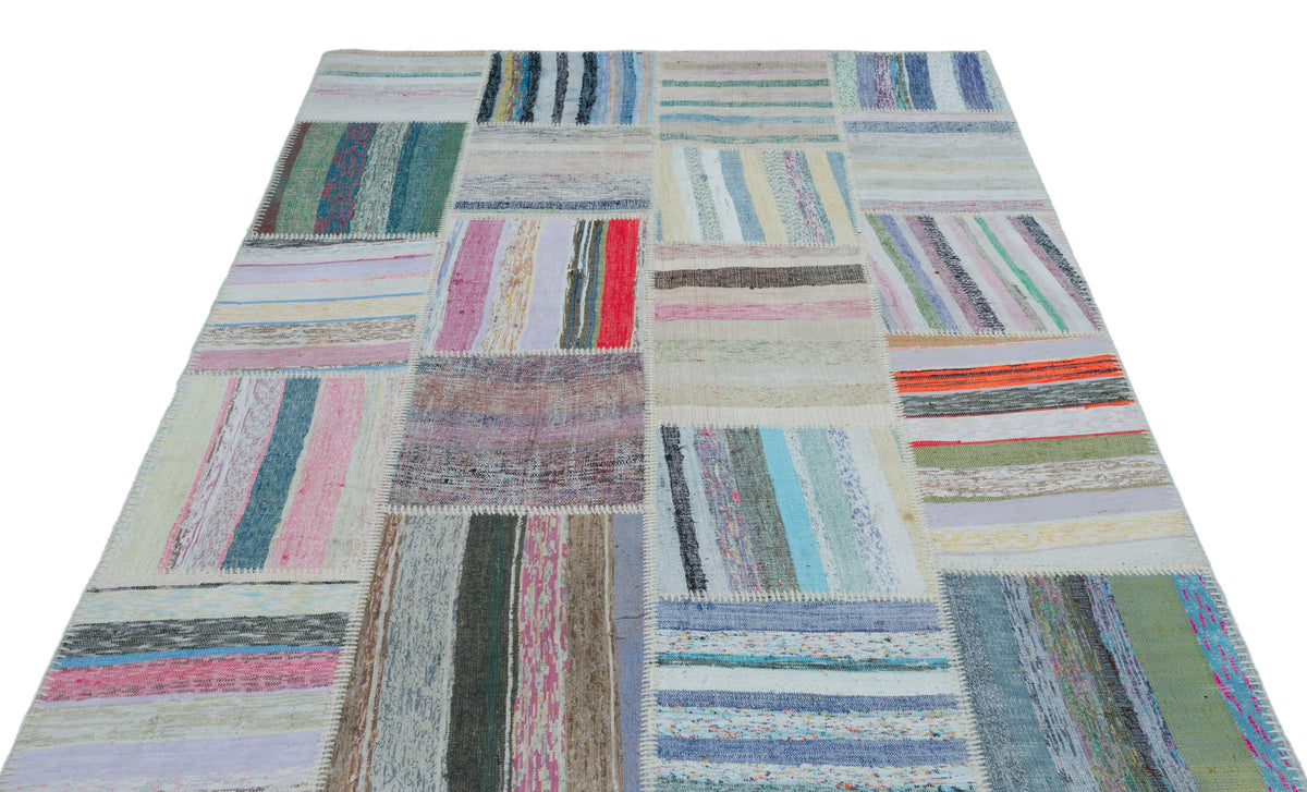 Striped Over Dyed Kilim Patchwork Unique Rug 5&#39;3&#39;&#39; x 7&#39;3&#39;&#39; ft 160 x 220 cm