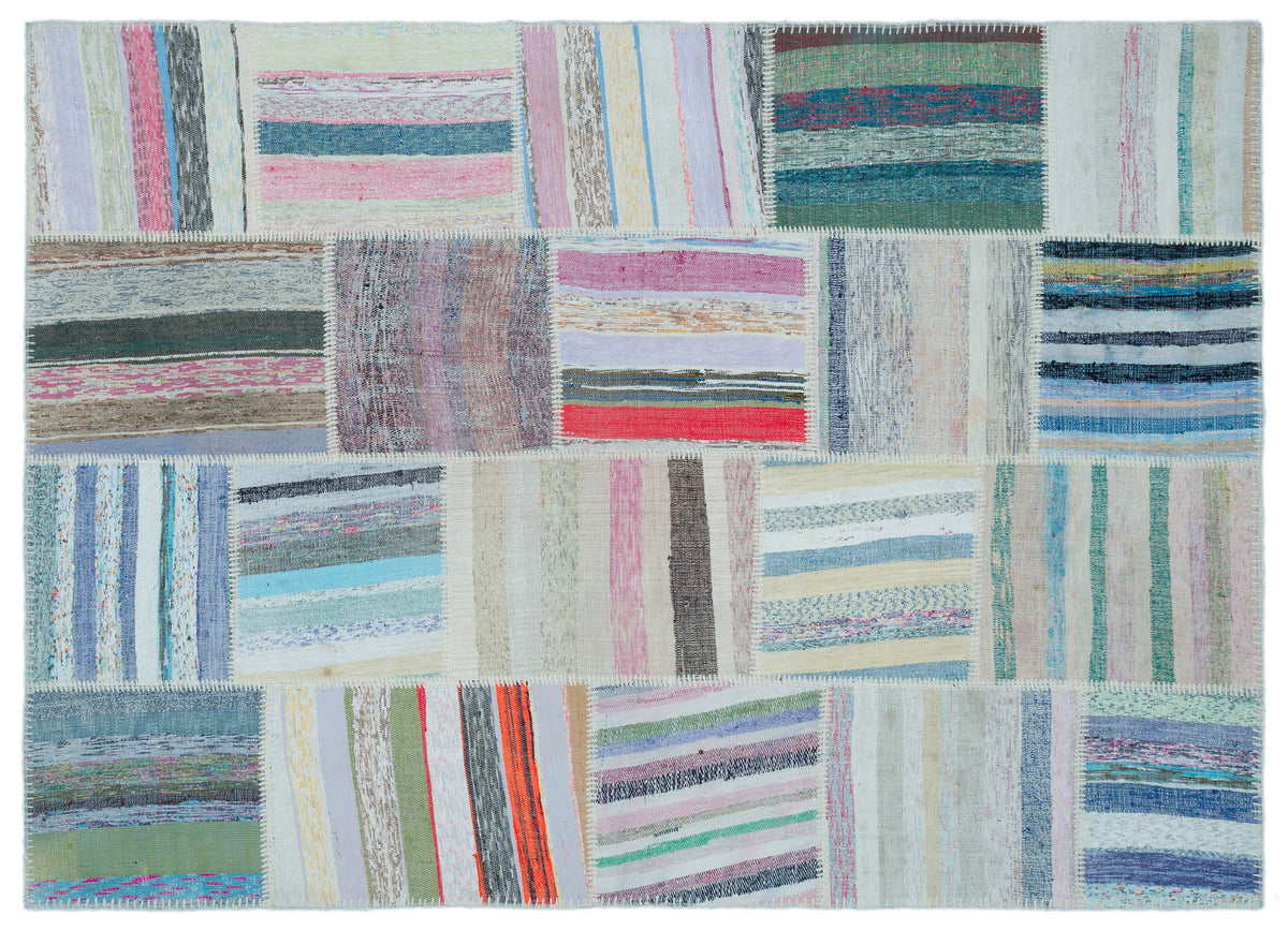 Striped Over Dyed Kilim Patchwork Unique Rug 5&#39;3&#39;&#39; x 7&#39;3&#39;&#39; ft 160 x 220 cm