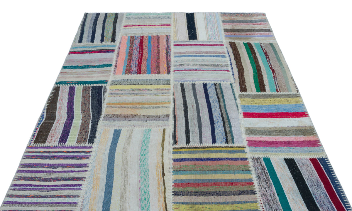 Striped Over Dyed Kilim Patchwork Unique Rug 5&#39;3&#39;&#39; x 7&#39;5&#39;&#39; ft 160 x 227 cm