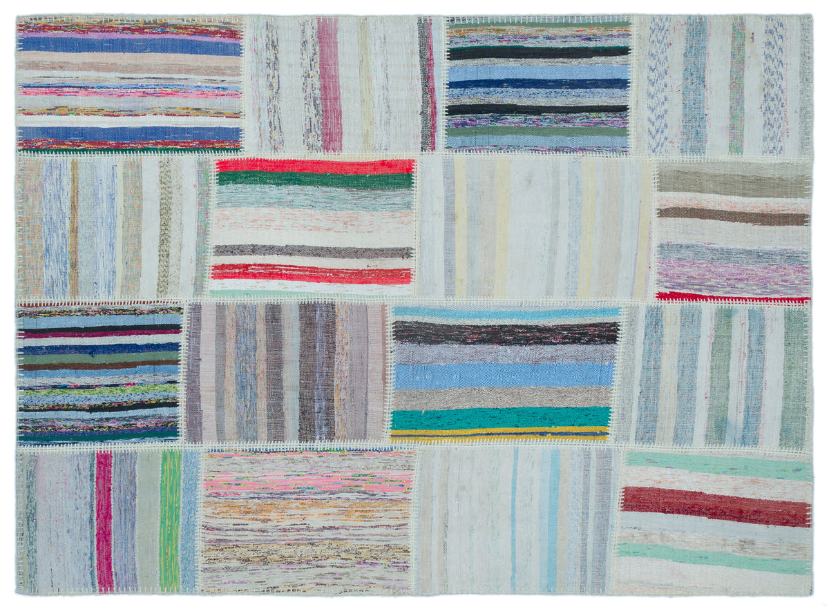 Striped Over Dyed Kilim Patchwork Unique Rug 5&#39;3&#39;&#39; x 7&#39;3&#39;&#39; ft 160 x 220 cm