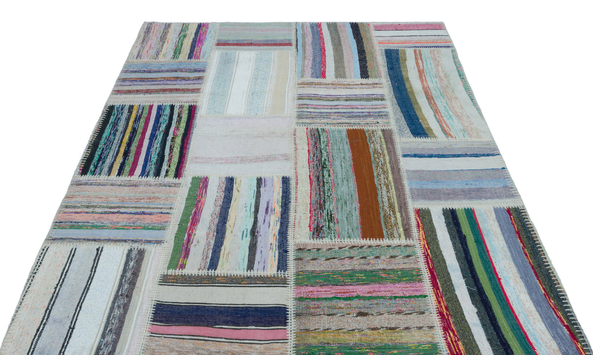 Striped Over Dyed Kilim Patchwork Unique Rug 5&#39;3&#39;&#39; x 7&#39;3&#39;&#39; ft 160 x 220 cm
