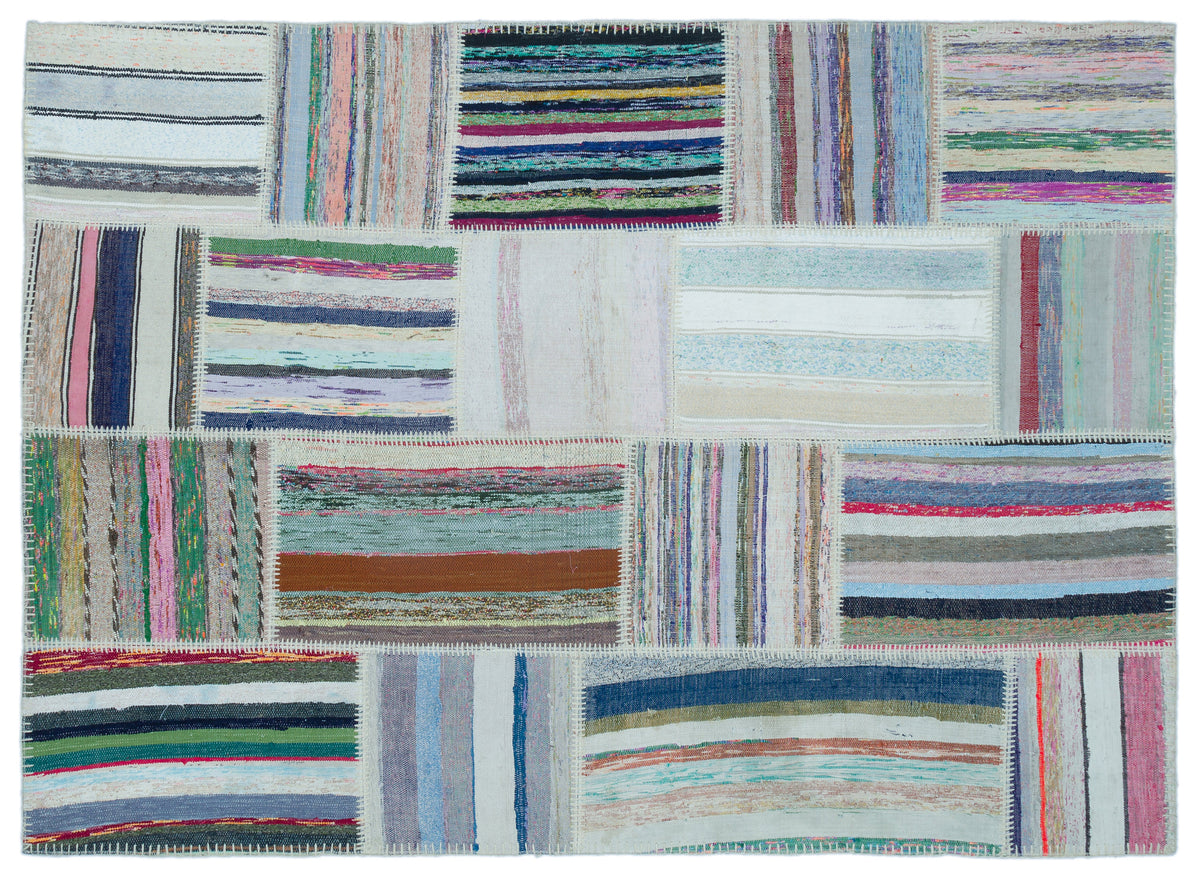 Striped Over Dyed Kilim Patchwork Unique Rug 5&#39;3&#39;&#39; x 7&#39;3&#39;&#39; ft 160 x 220 cm