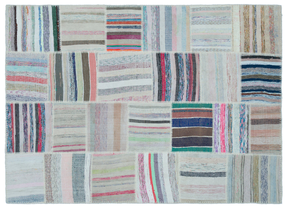 Striped Over Dyed Kilim Patchwork Unique Rug 5&#39;3&#39;&#39; x 7&#39;3&#39;&#39; ft 160 x 222 cm