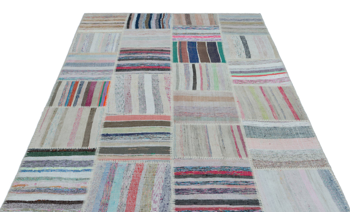 Striped Over Dyed Kilim Patchwork Unique Rug 5&#39;3&#39;&#39; x 7&#39;3&#39;&#39; ft 160 x 222 cm