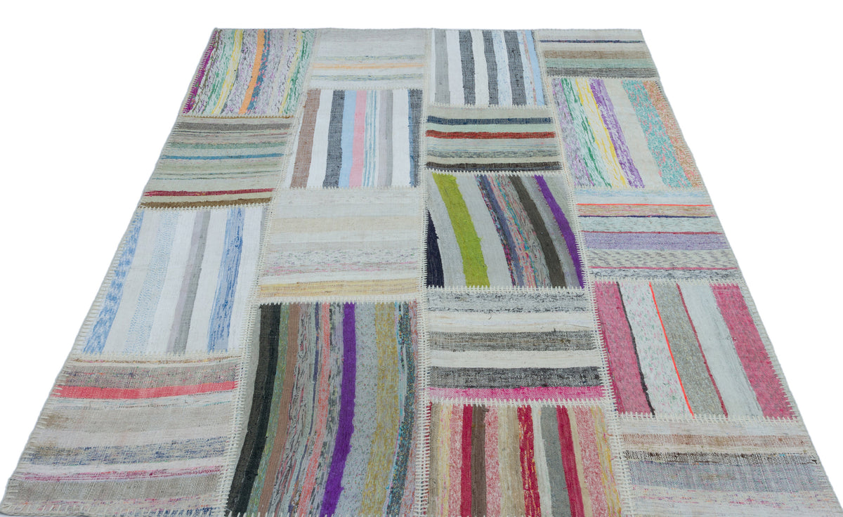 Striped Over Dyed Kilim Patchwork Unique Rug 5&#39;3&#39;&#39; x 7&#39;3&#39;&#39; ft 160 x 222 cm
