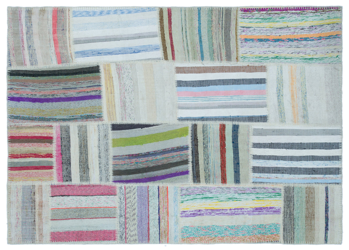 Striped Over Dyed Kilim Patchwork Unique Rug 5&#39;3&#39;&#39; x 7&#39;3&#39;&#39; ft 160 x 222 cm