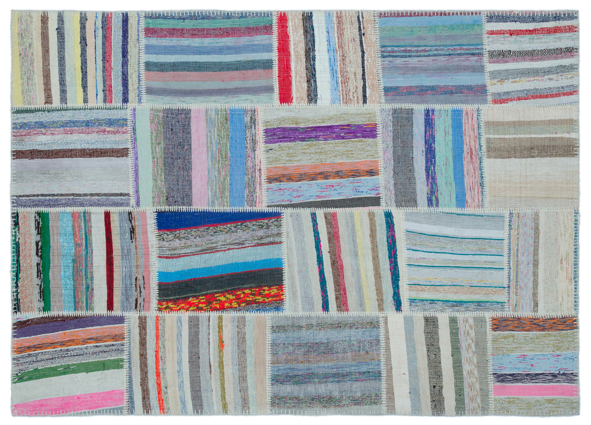 Striped Over Dyed Kilim Patchwork Unique Rug 5&#39;3&#39;&#39; x 7&#39;3&#39;&#39; ft 160 x 222 cm