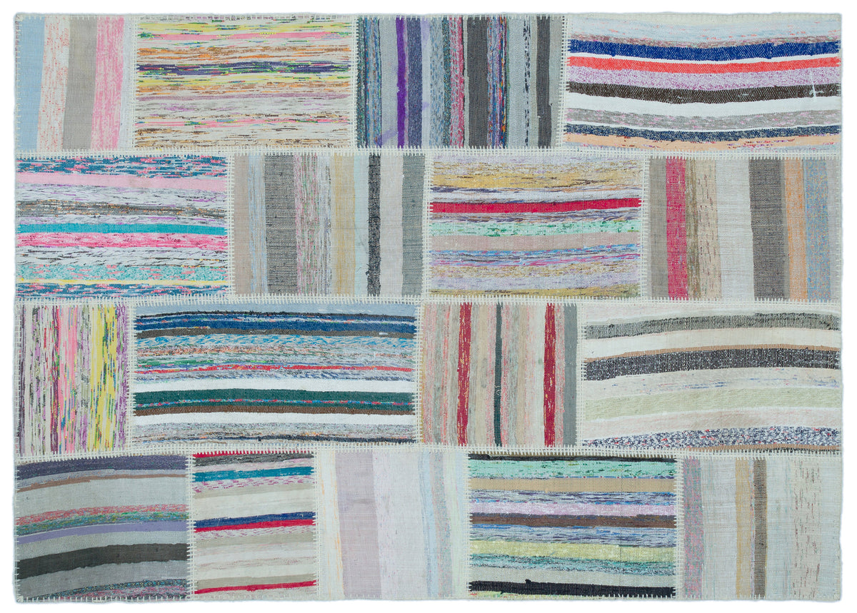 Striped Over Dyed Kilim Patchwork Unique Rug 5&#39;3&#39;&#39; x 7&#39;3&#39;&#39; ft 160 x 222 cm