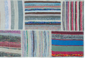 Striped Over Dyed Kilim Patchwork Unique Rug 5'3'' x 7'5'' ft 160 x 227 cm