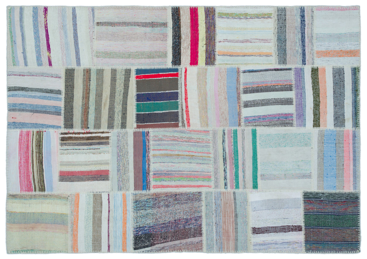 Striped Over Dyed Kilim Patchwork Unique Rug 5&#39;3&#39;&#39; x 7&#39;5&#39;&#39; ft 160 x 227 cm