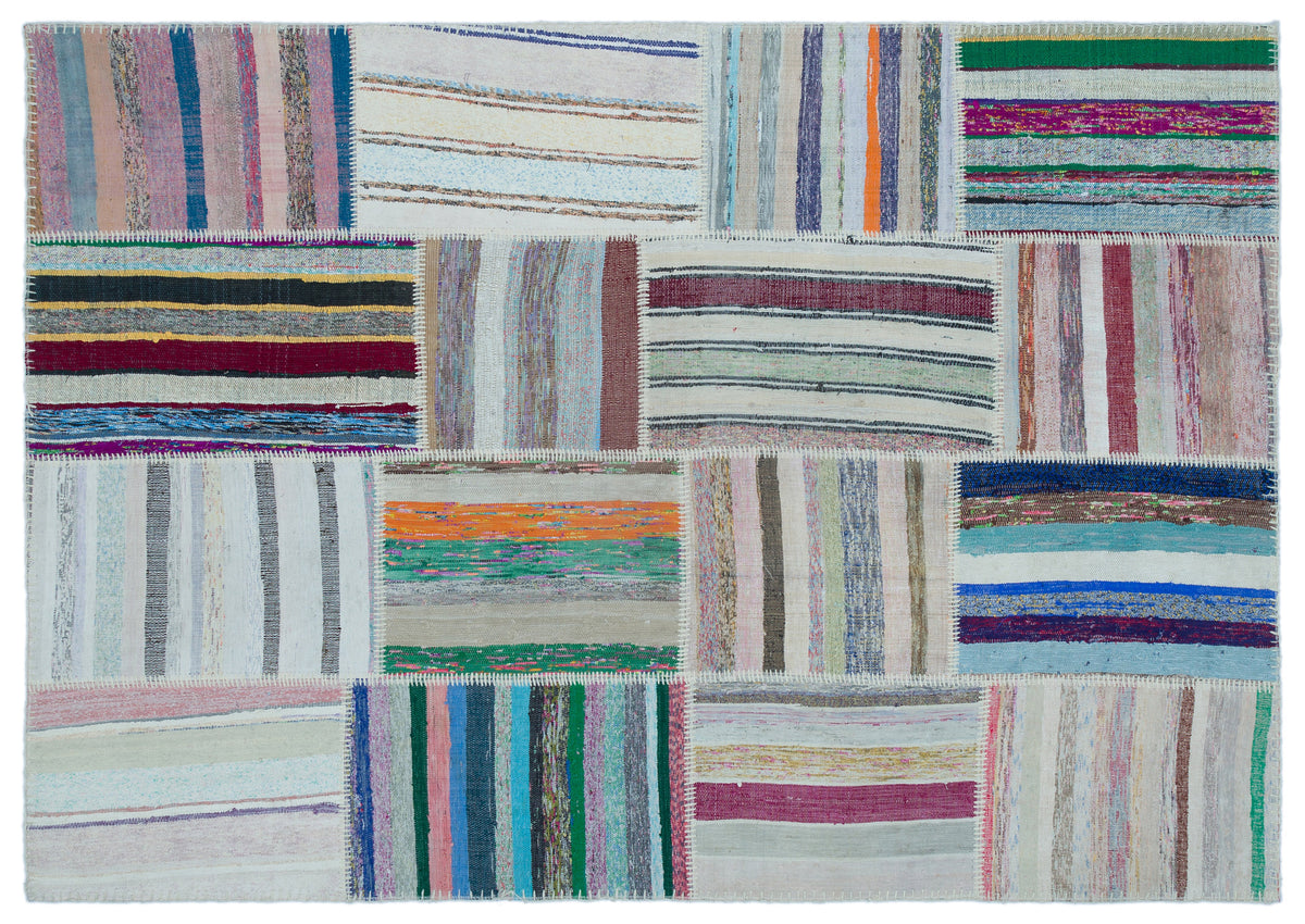 Striped Over Dyed Kilim Patchwork Unique Rug 5&#39;3&#39;&#39; x 7&#39;5&#39;&#39; ft 160 x 226 cm