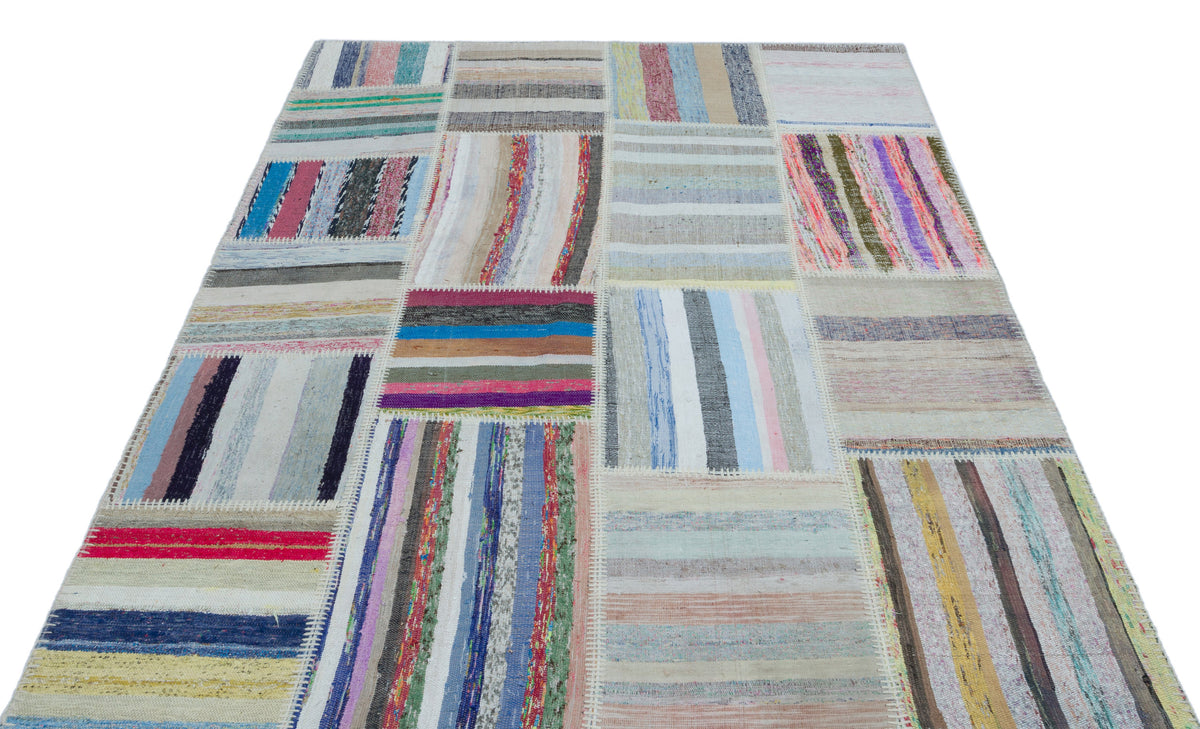 Striped Over Dyed Kilim Patchwork Unique Rug 5&#39;3&#39;&#39; x 7&#39;4&#39;&#39; ft 160 x 224 cm