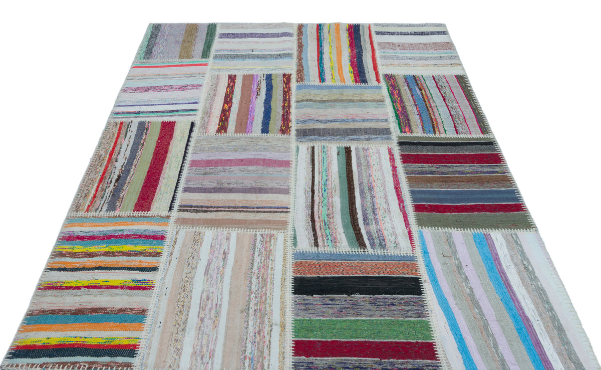 Striped Over Dyed Kilim Patchwork Unique Rug 5&#39;3&#39;&#39; x 7&#39;5&#39;&#39; ft 160 x 225 cm